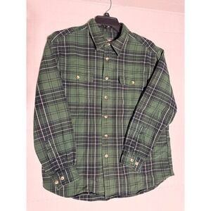 Eddie Bauer Heavy Flannel Shirt Mens L Green Plaid Button Up